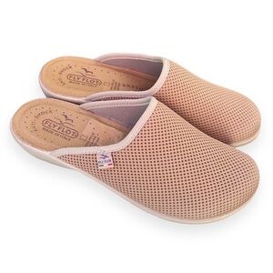 Flyflot Anatomic Clogs Italian Comfort Anti Shock Beige Mesh Leather Wedge Mules